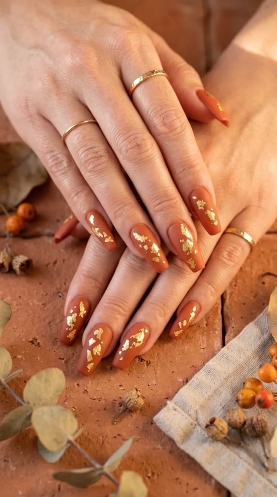 Long Coffin Matte Terracotta Scattered Gold Foil Long Coffin Matte Terracotta Scattered Gold Foil — Foil Nails 2027