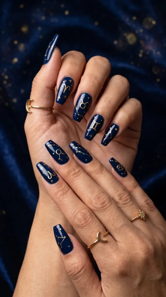 Long Coffin Deep Navy Gold Zodiac Symbols Long Coffin Deep Navy Gold Zodiac Symbols — Foil Nails 2027