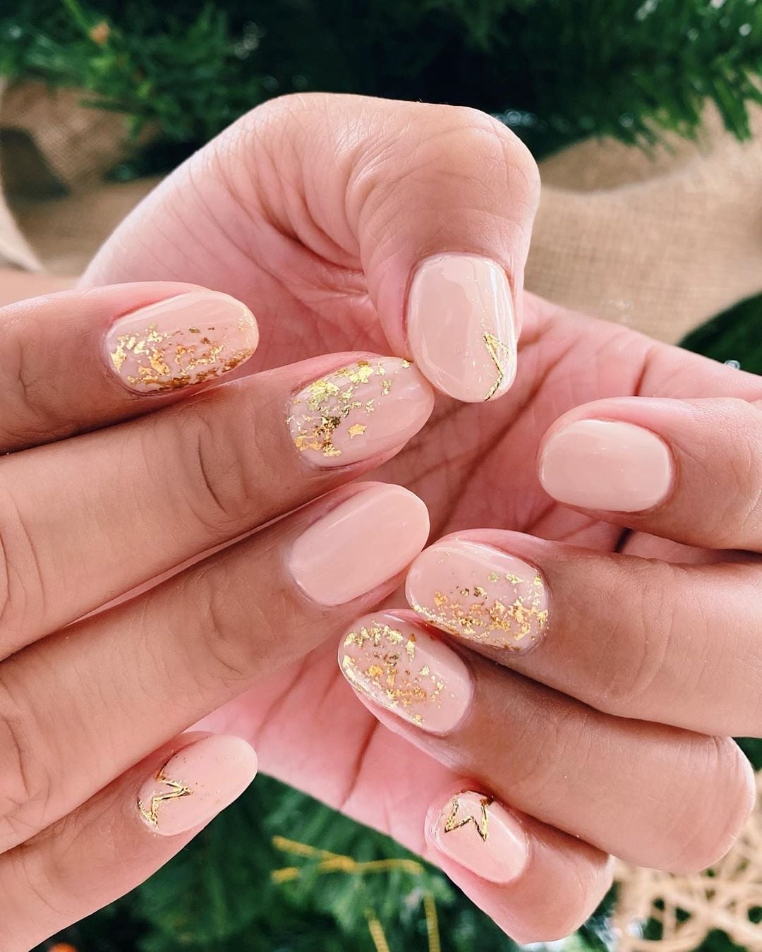 Long Almond Sheer Nude Gold Foil Flakes, Close-Up Take Long Almond Sheer Nude Gold Foil Flakes, Close-Up Take — Foil Nails 2027