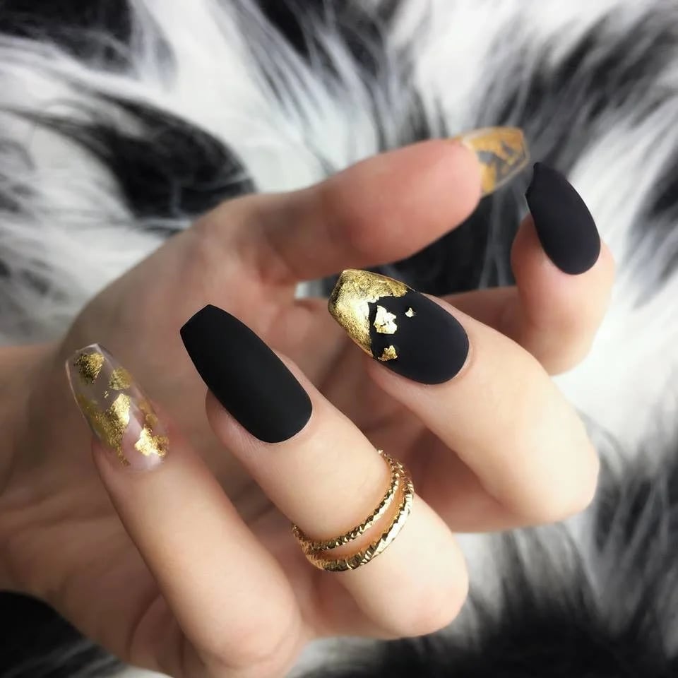 Matte Black Coffin with Scattered Gold Foil Matte Black Coffin with Scattered Gold Foil — Foil Nails 2027