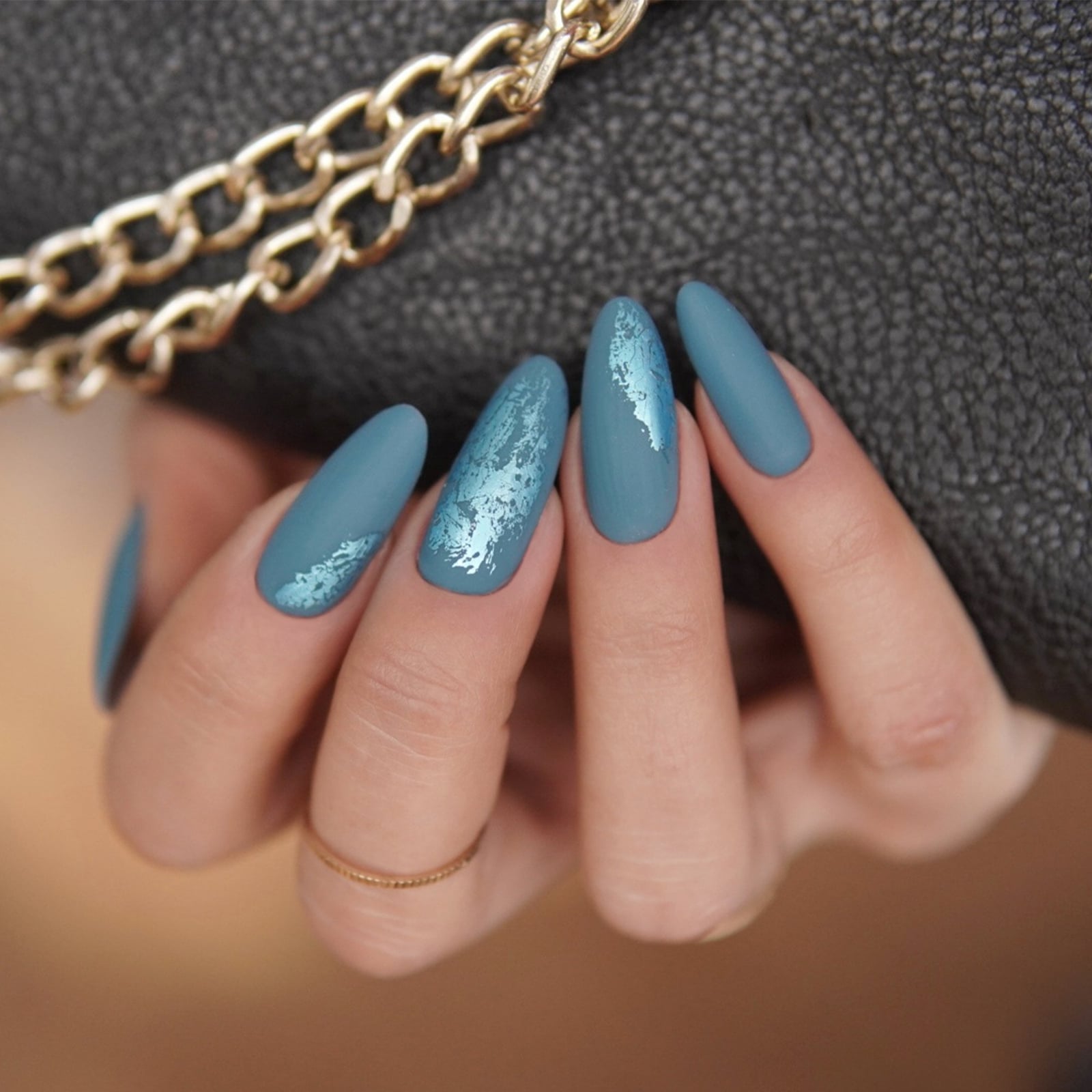 Long Almond Matte Blue Abstract Foil Accents Long Almond Matte Blue Abstract Foil Accents — Foil Nails 2027