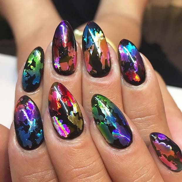 Medium Almond Black Iridescent Foil Fragments Medium Almond Black Iridescent Foil Fragments — Foil Nails 2027
