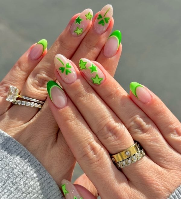 Medium Almond Neon Green French Tips With Clovers Medium Almond Neon Green French Tips With Clovers — Four Leaf Clover Nails 2027