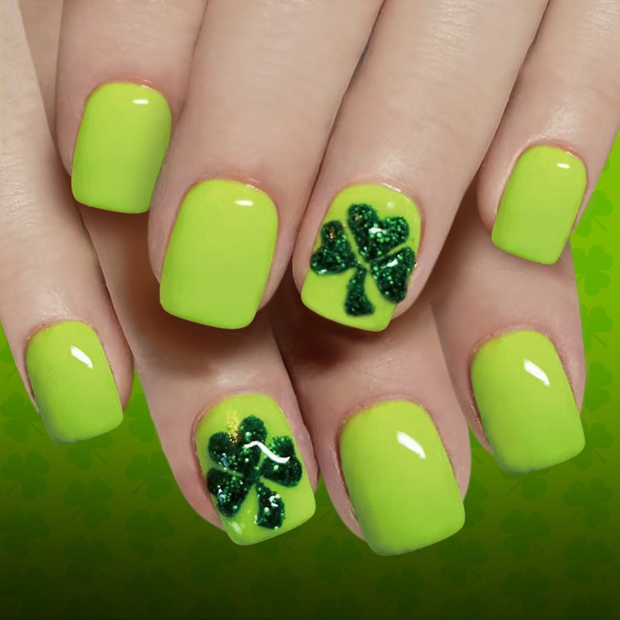 Short Square Lime Green With Glitter Clovers Short Square Lime Green With Glitter Clovers — Four Leaf Clover Nails 2027