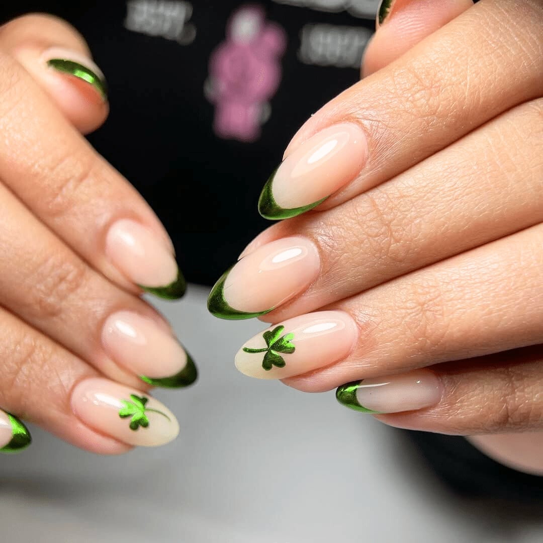 Sheer Pink Oval Nails With Metallic Green French Tips Sheer Pink Oval Nails With Metallic Green French Tips — Four Leaf Clover Nails 2027