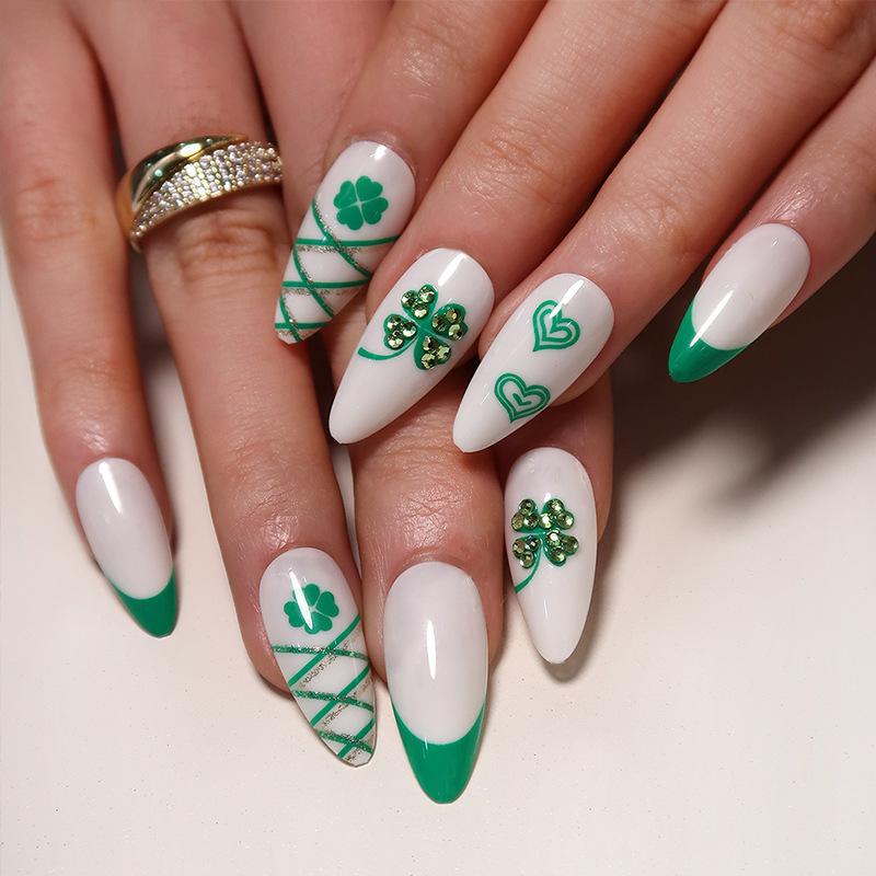 Long Almond White With Green Accents And Clovers Long Almond White With Green Accents And Clovers — Four Leaf Clover Nails 2027