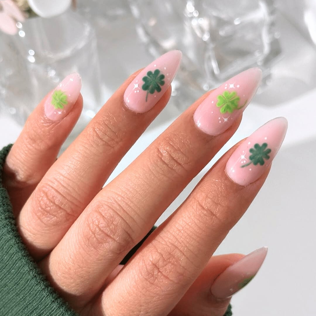 Long Stiletto Nails With Delicate Green Clovers Long Stiletto Nails With Delicate Green Clovers — Four Leaf Clover Nails 2027