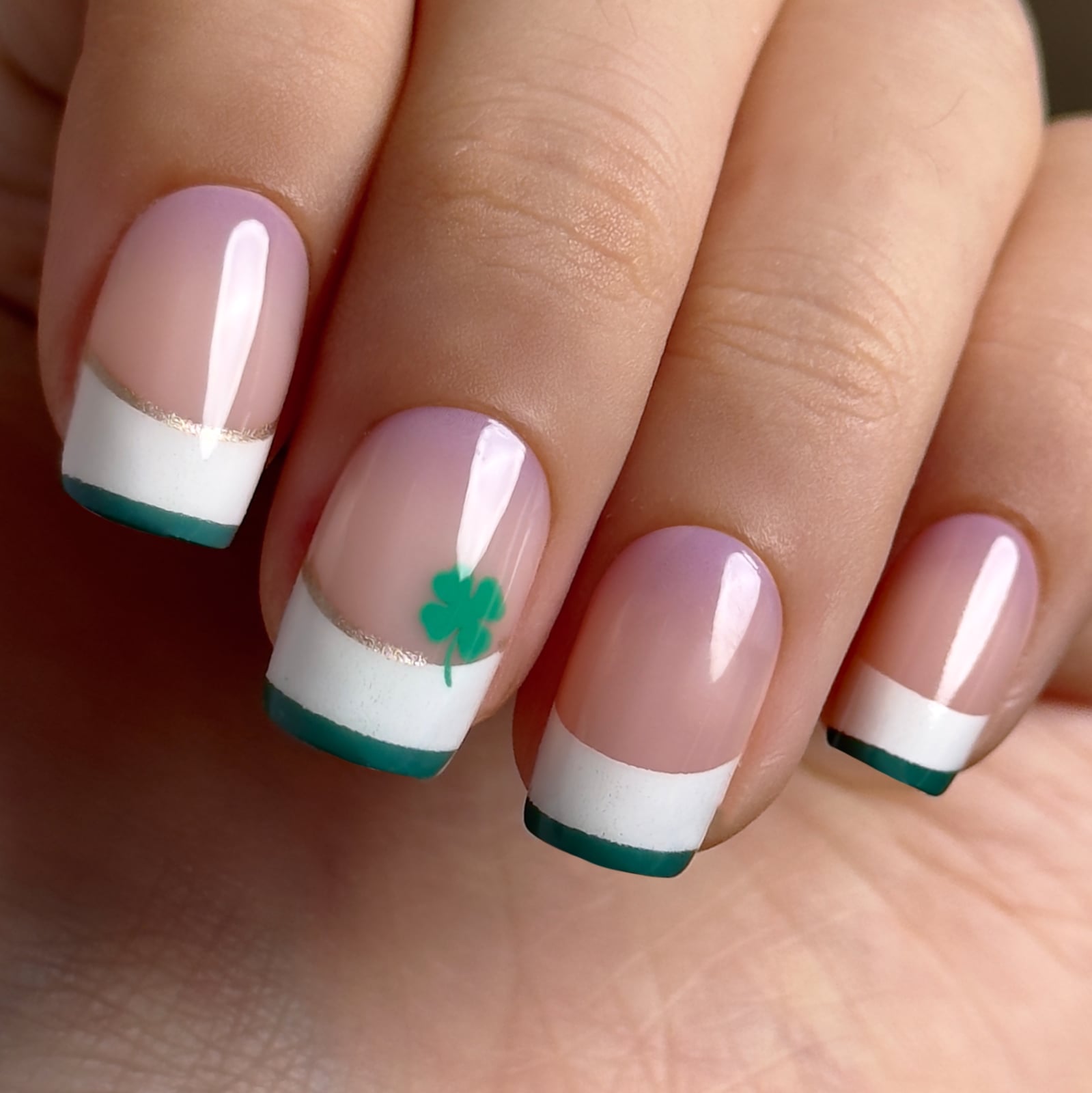 Medium Squoval French Tips With Gold Line Medium Squoval French Tips With Gold Line — Four Leaf Clover Nails 2027