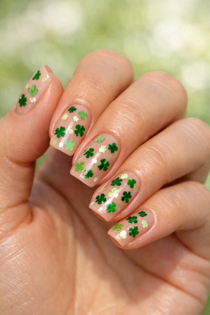 Short Square With Sheer Nude And Glitter Clovers Short Square With Sheer Nude And Glitter Clovers — Four Leaf Clover Nails 2027