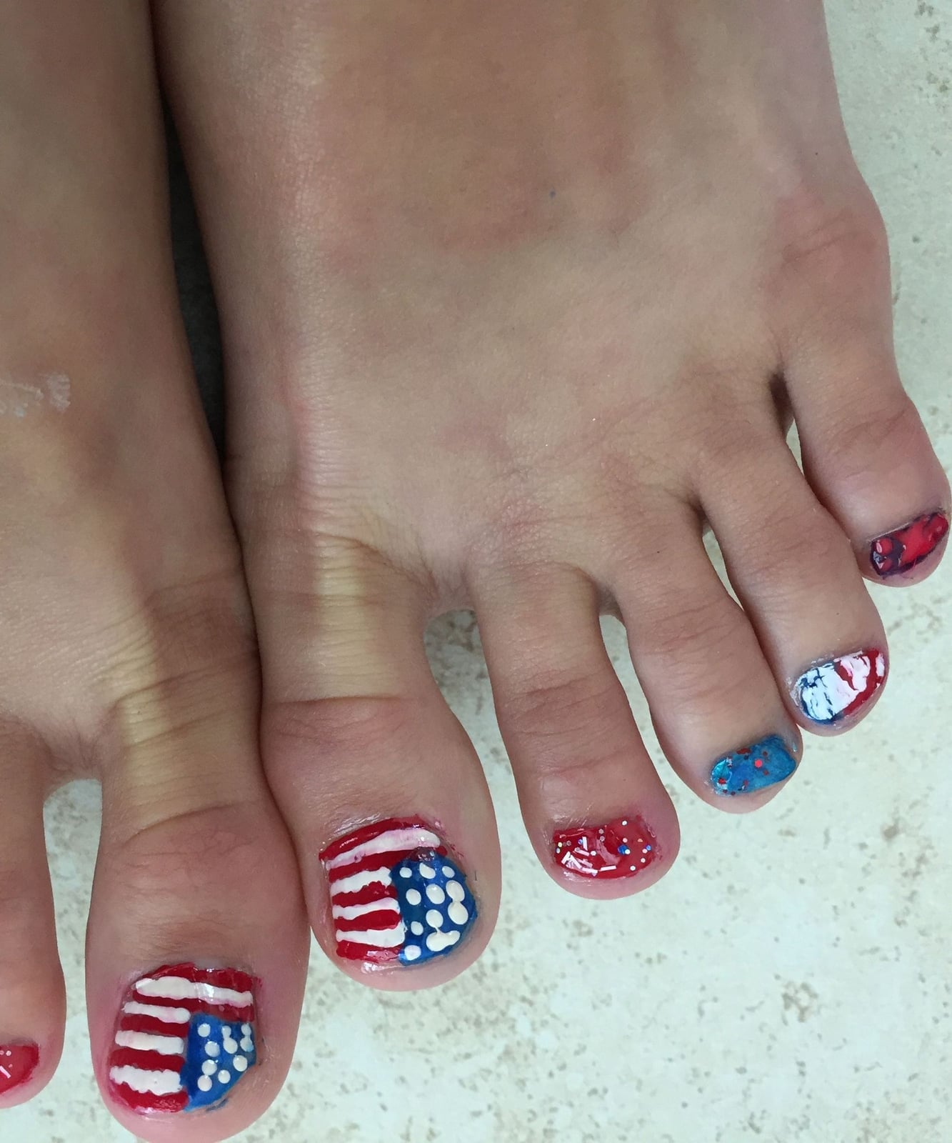 Red White Stripes Blue Stars Flag Art Short Natural Toes, Glossy Red White Stripes Blue Stars Flag Art Short Natural Toes, Glossy — Fourth of July Toe Nails 2027