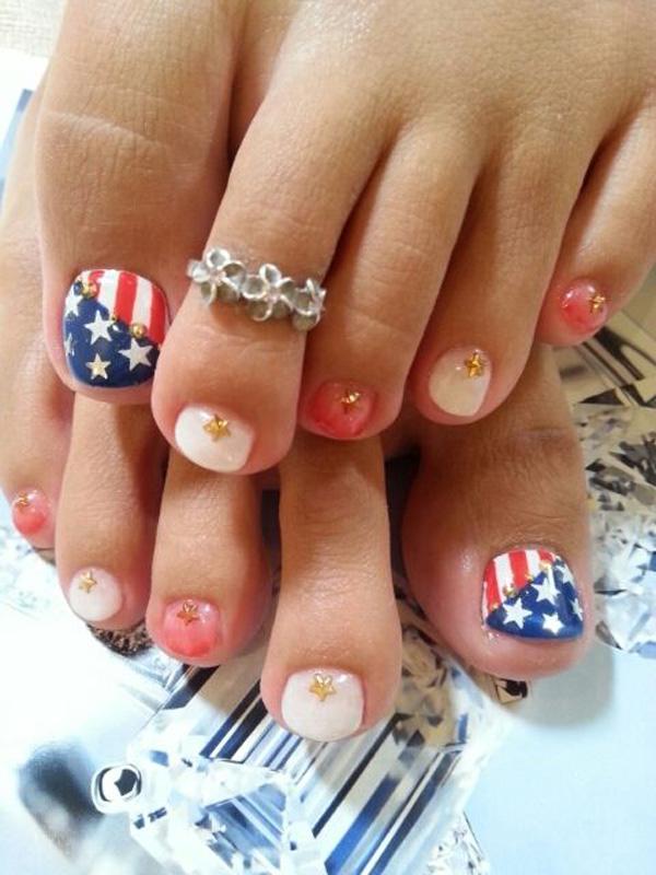 Flag Pattern Red Stripes Navy Polka Dots Almond Toes Flag Pattern Red Stripes Navy Polka Dots Almond Toes — Fourth of July Toe Nails 2027