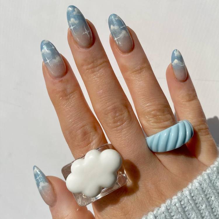 Blue Gradient Cloud Design Almond Medium — French Cloud Nails 2027