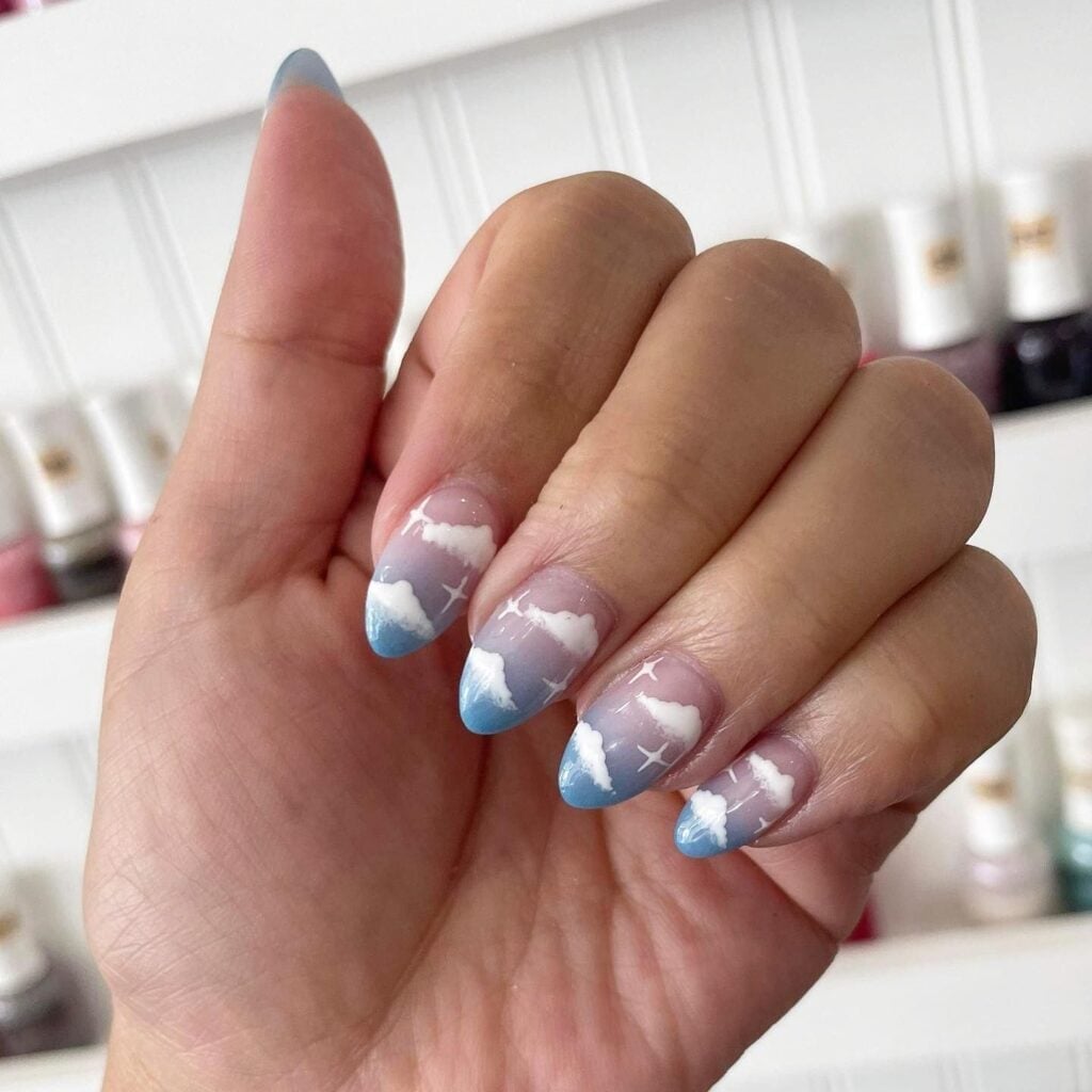 Pastel Blue Cloud Art Short Almond — French Cloud Nails 2027