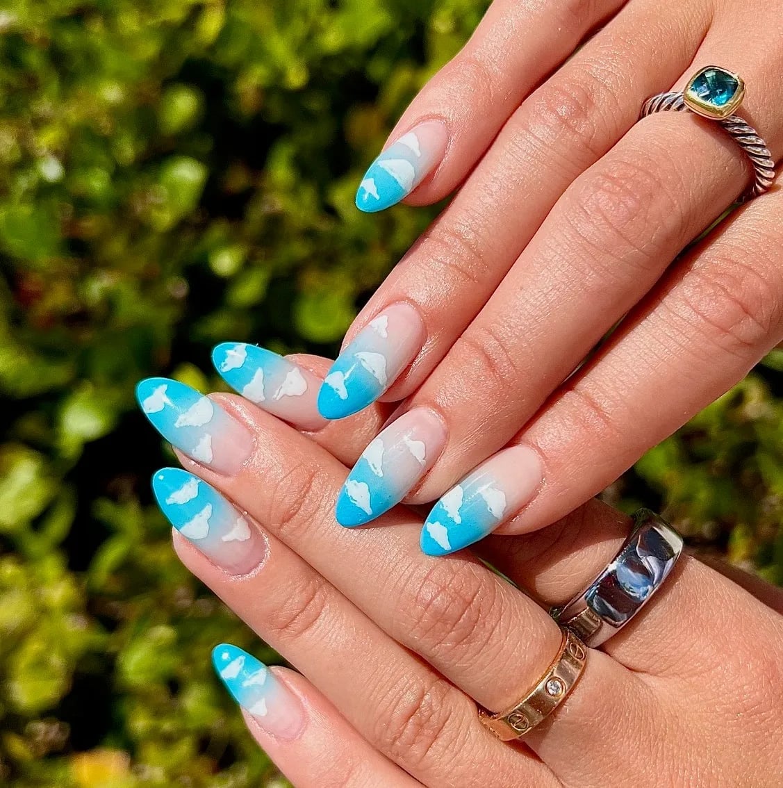 Vibrant Blue Sky Cloud French Tips Long Almond — French Cloud Nails 2027