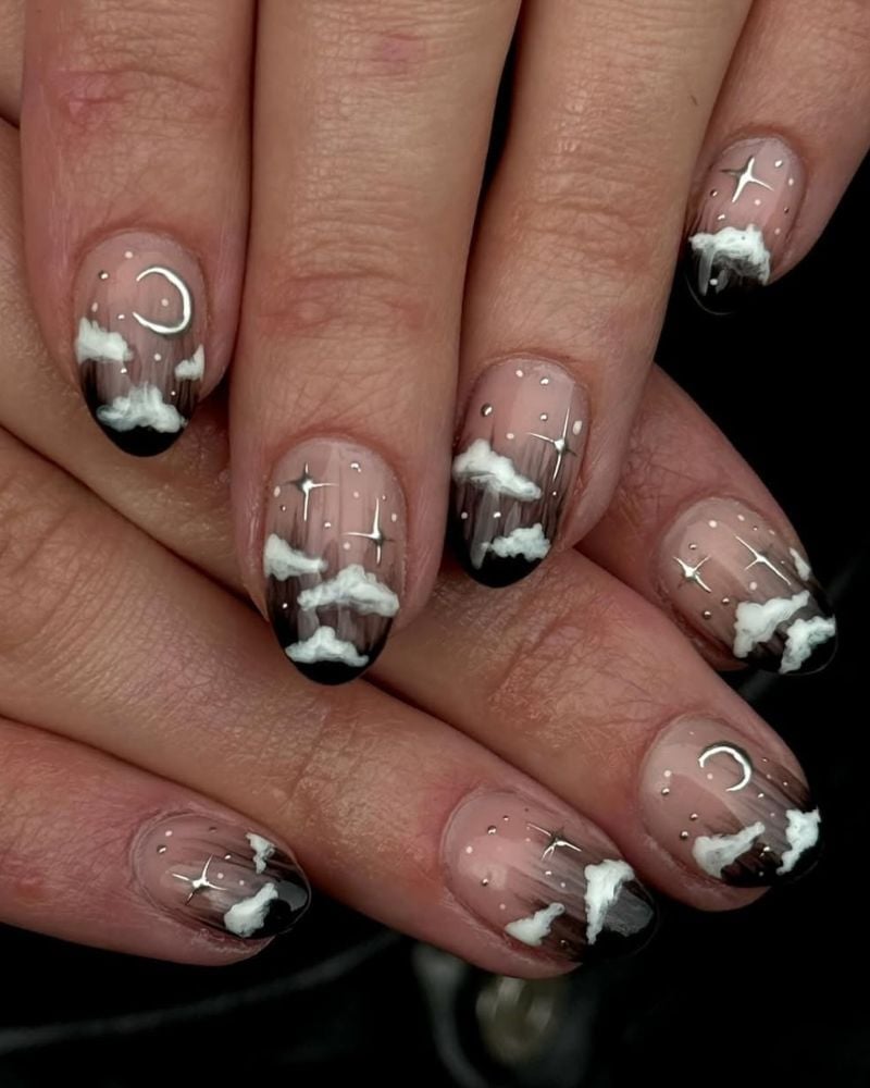 Black French Tip Cloud Moon Star Oval — French Cloud Nails 2027
