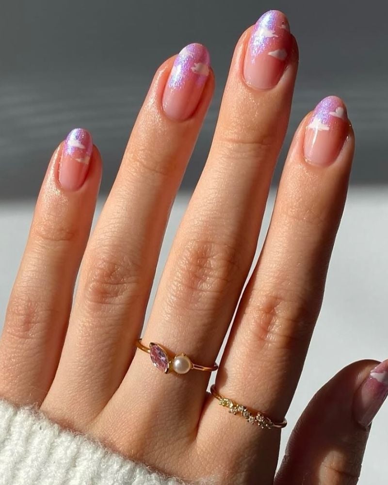 Sheer Pink Iridescent Cloud French Tips Short Oval — French Cloud Nails 2027