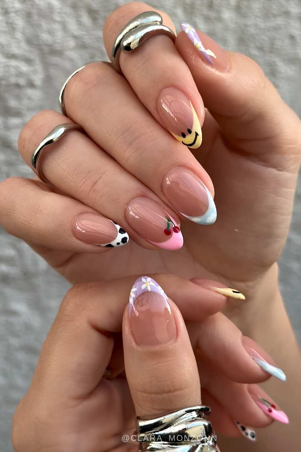 Medium Oval Pastel French Tips With Smiley Decal Medium Oval Pastel French Tips With Smiley Decal — French Smiley Face Nails 2027
