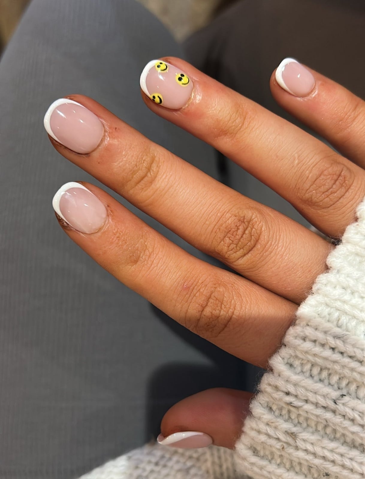 Short Oval French Tips With Yellow Smiley Accents Short Oval French Tips With Yellow Smiley Accents — French Smiley Face Nails 2027