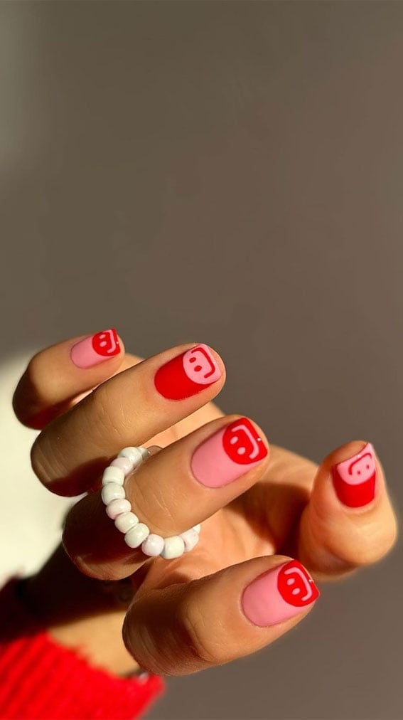Short Square Pink Base With Red Smiley Nails Short Square Pink Base With Red Smiley Nails — French Smiley Face Nails 2027
