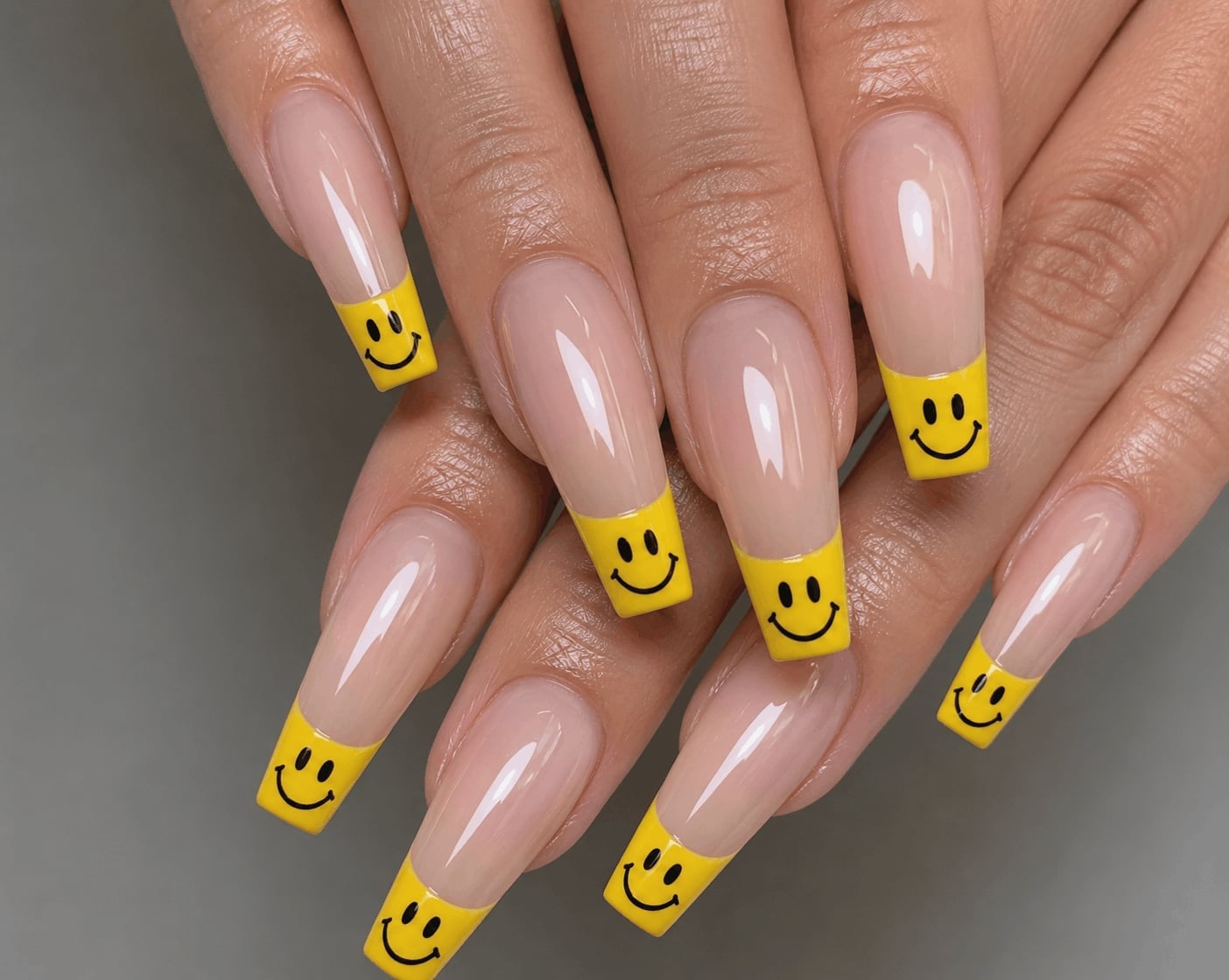 Long Coffin Yellow French Tips With Black Smileys Long Coffin Yellow French Tips With Black Smileys — French Smiley Face Nails 2027