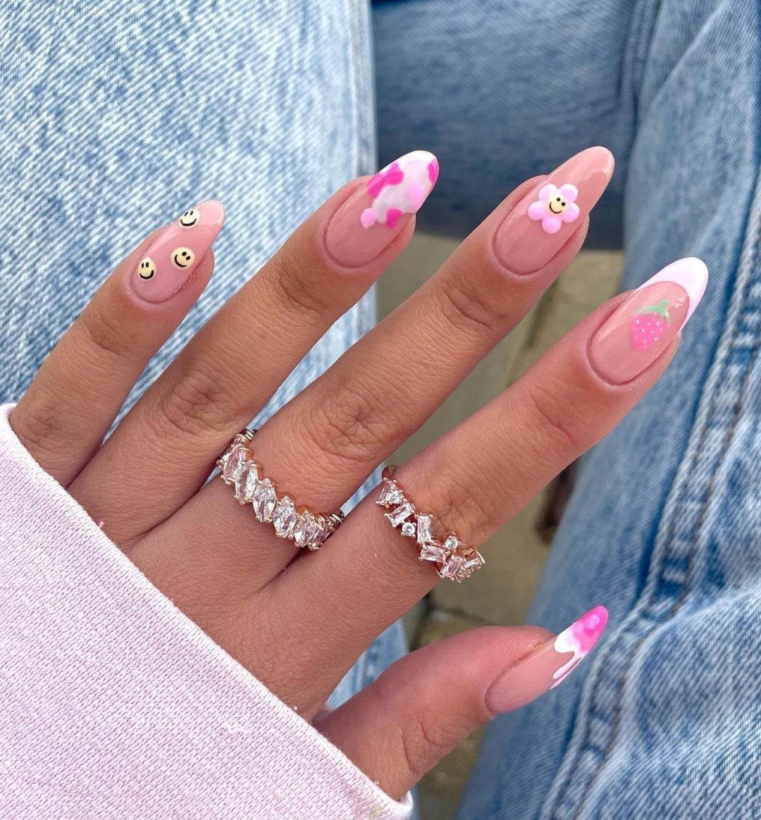 Long Stiletto Pink French Tips With Smiley Decals Long Stiletto Pink French Tips With Smiley Decals — French Smiley Face Nails 2027