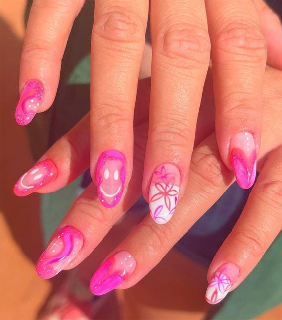 Medium Oval Pink And White Swirls With Pink Smiley Medium Oval Pink And White Swirls With Pink Smiley — French Smiley Face Nails 2027