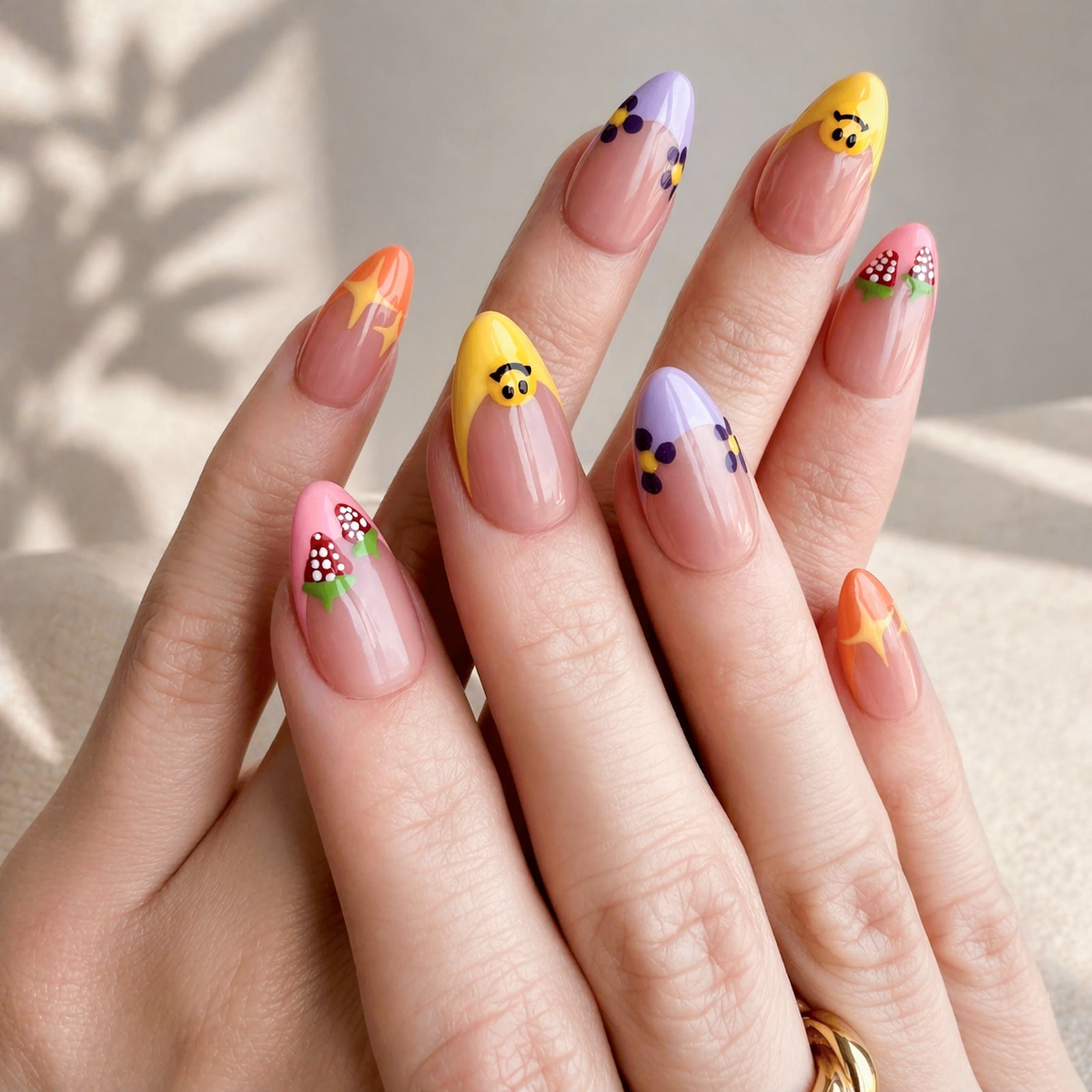 Medium Almond French Tips With Playful Decals Medium Almond French Tips With Playful Decals — French Smiley Face Nails 2027