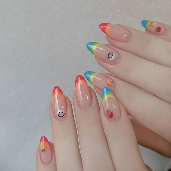 Almond Rainbow Gradient French Tips Almond Rainbow Gradient French Tips — French Smiley Face Nails 2027