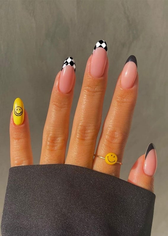 Medium Almond Checkerboard French With Yellow Smiley Accent Medium Almond Checkerboard French With Yellow Smiley Accent — French Smiley Face Nails 2027