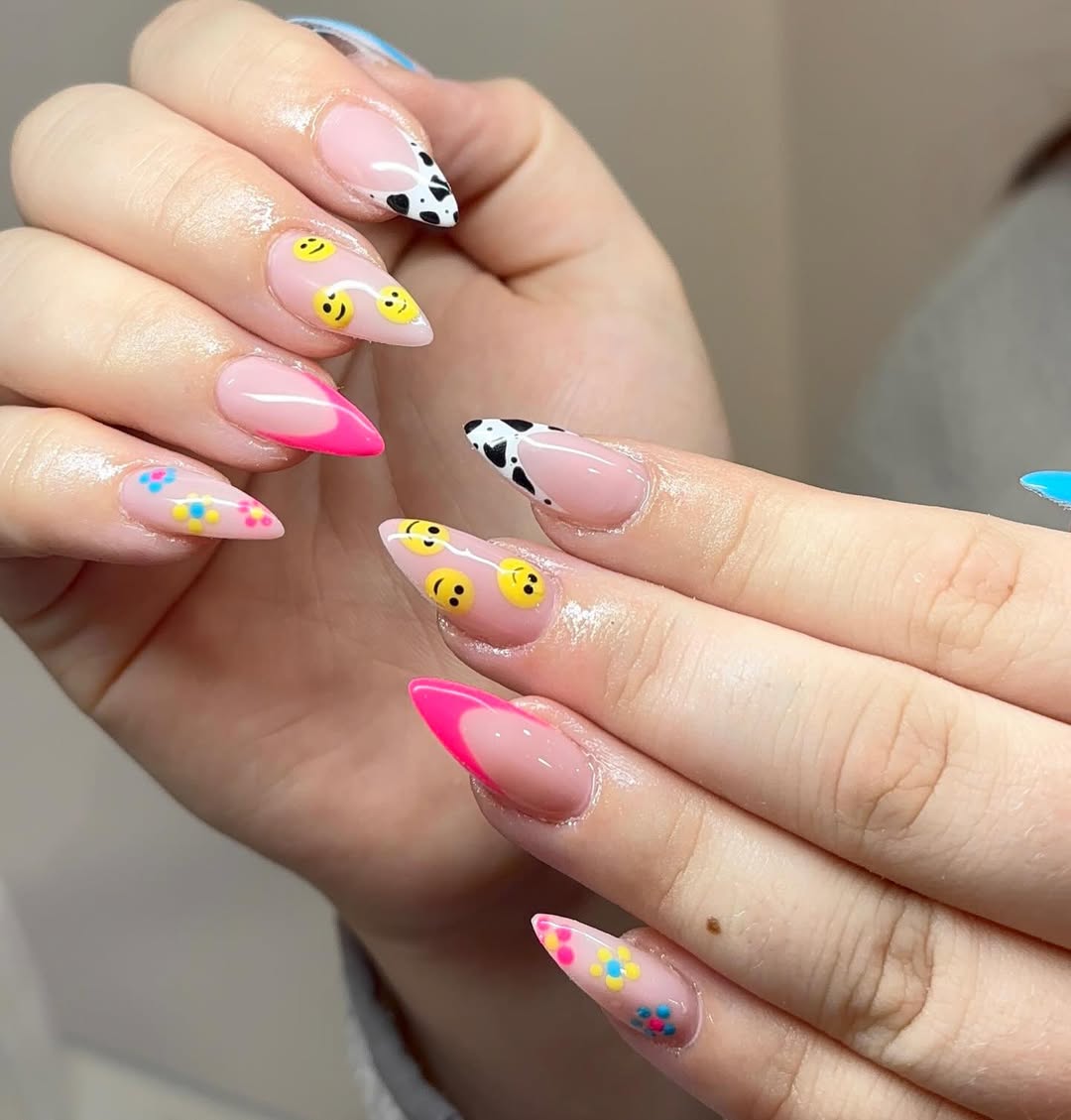 Medium Almond Pink French Tips With Smileys And Cow Print Medium Almond Pink French Tips With Smileys And Cow Print — French Smiley Face Nails 2027