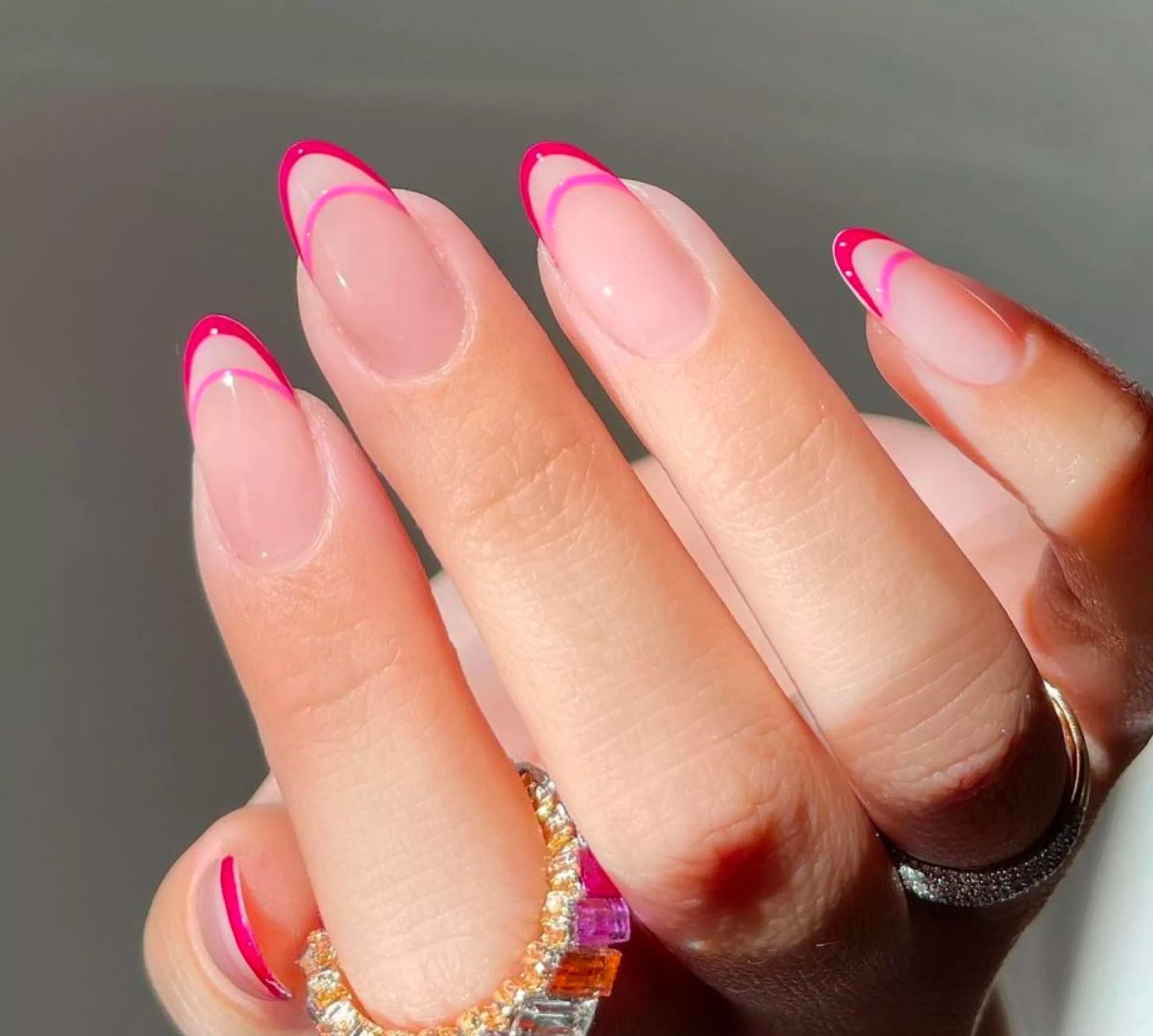 Double Neon Pink Tip Medium Almond Nails Double Neon Pink Tip Medium Almond Nails — French Tip Nails 2027 for Chubby Fingers
