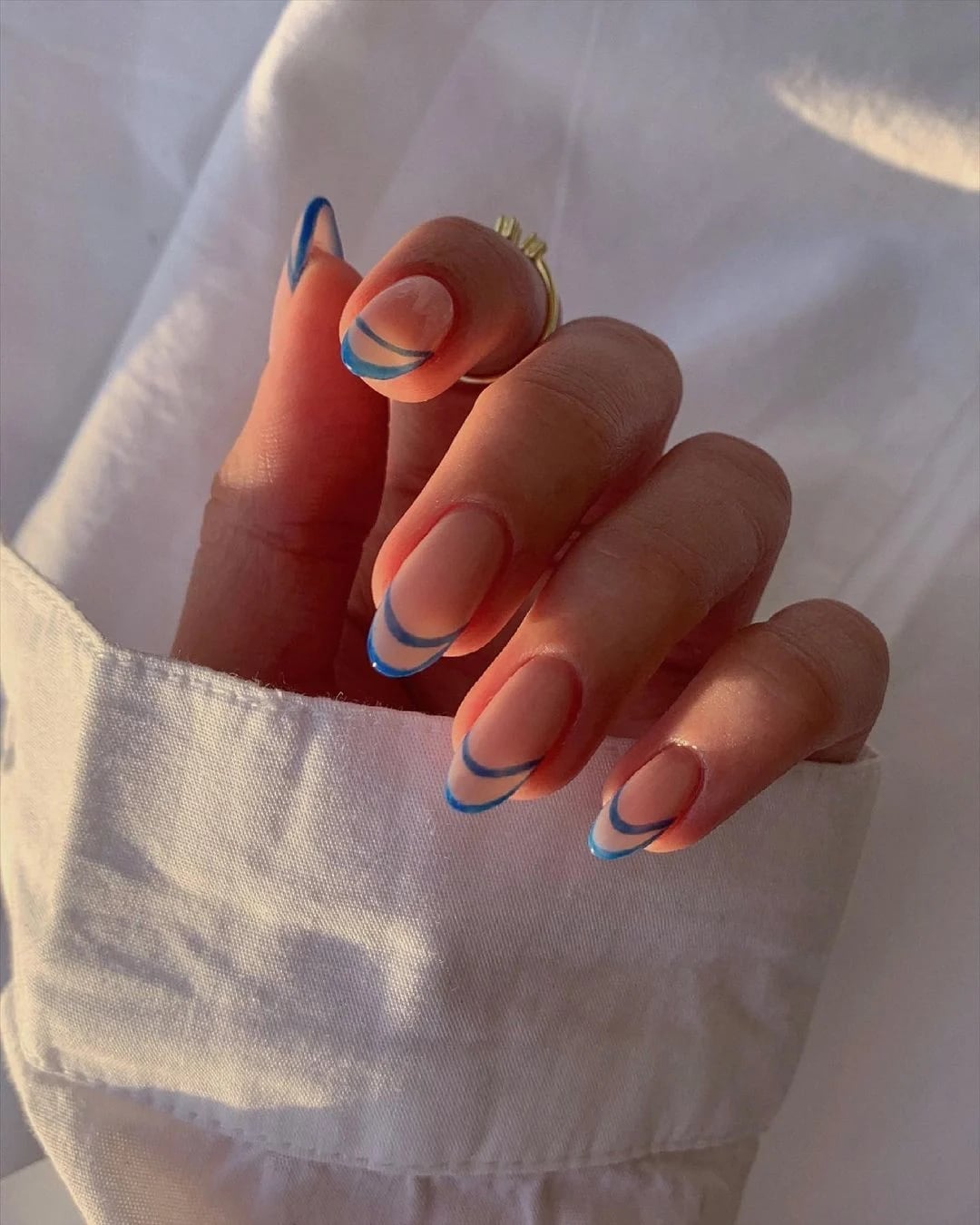 Double Blue Tip Medium Oval French Nails Double Blue Tip Medium Oval French Nails — French Tip Nails 2027 for Chubby Fingers