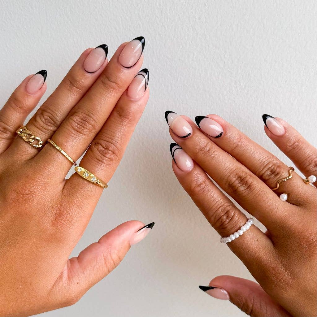 Black Outline Medium Almond French Nails Black Outline Medium Almond French Nails — French Tip Nails 2027 for Chubby Fingers