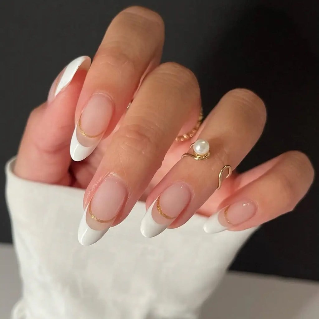 Gold Line Accent Medium Almond French Nails Gold Line Accent Medium Almond French Nails — French Tip Nails 2027 for Chubby Fingers