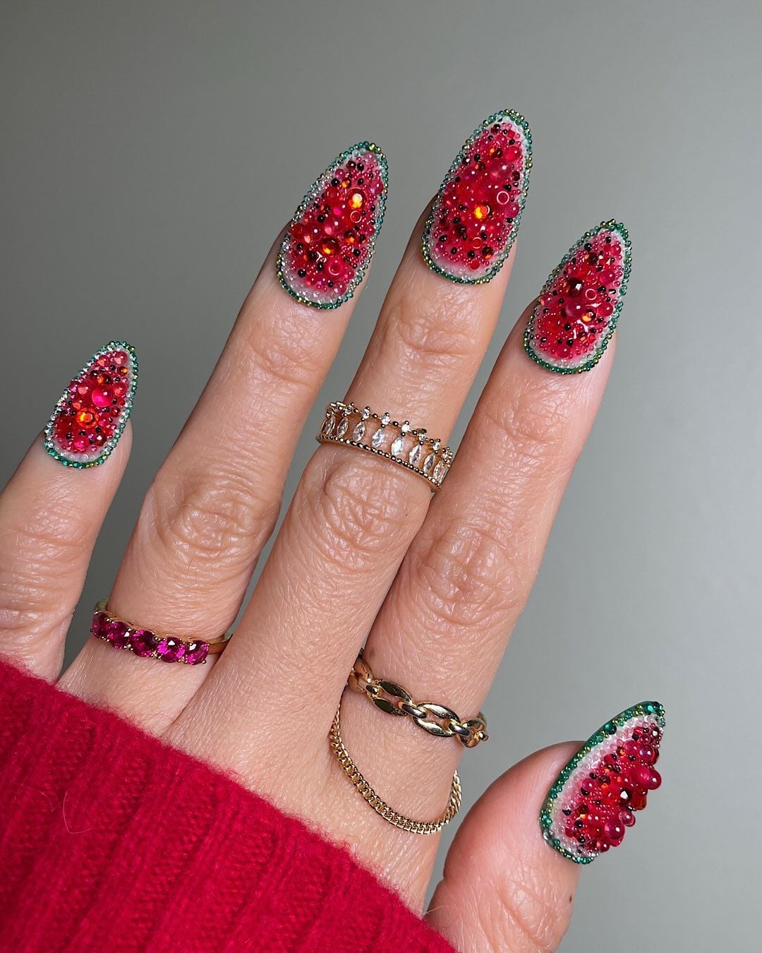 Long Pointed 3D Watermelon Nails Long Pointed 3D Watermelon Nails — Fruit Nails 2027