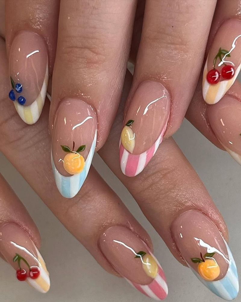Long Oval 3D Fruit Charms French Tips Long Oval 3D Fruit Charms French Tips — Fruit Nails 2027