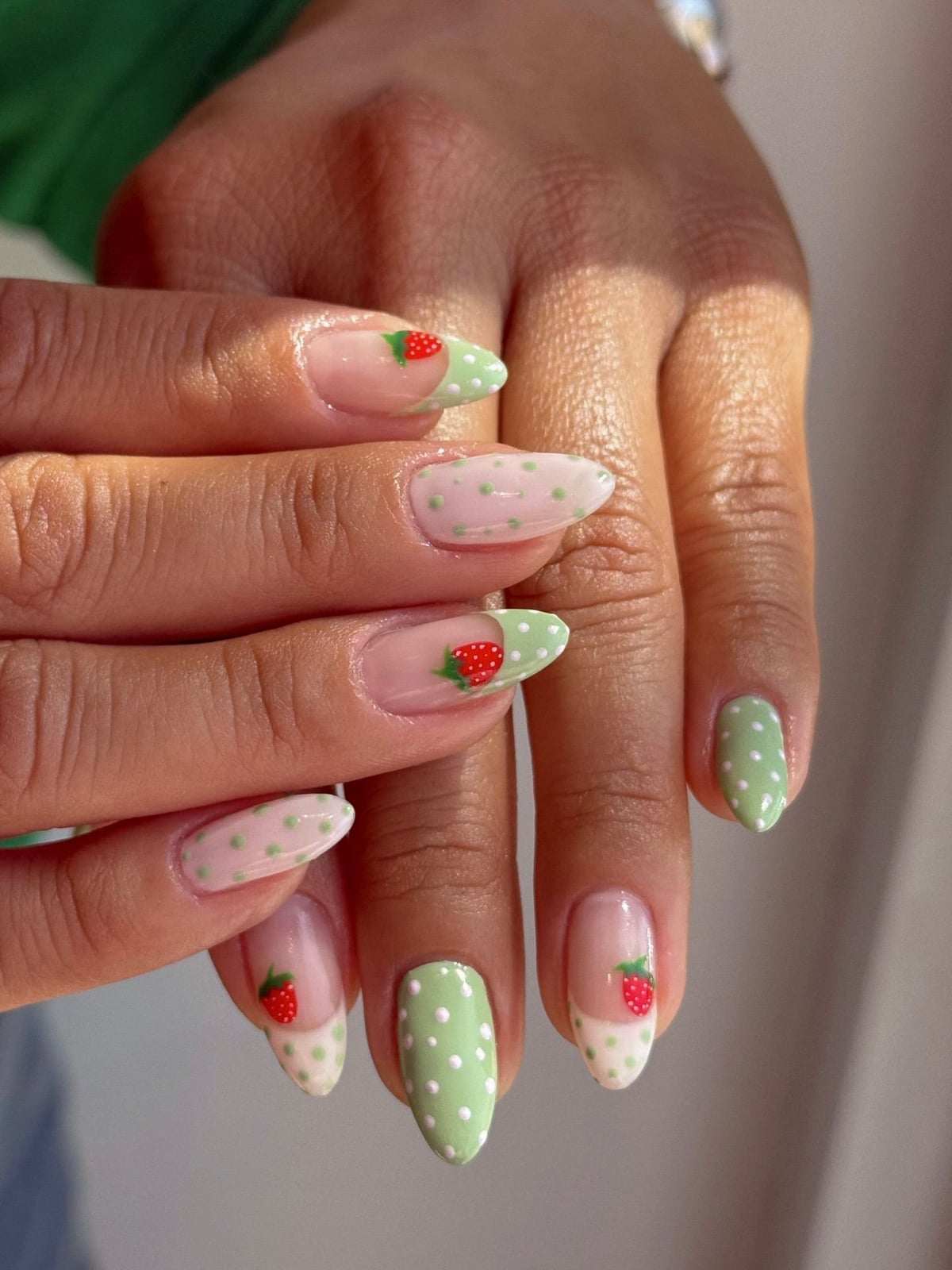 Short Almond Strawberry Polka Dot Nails Short Almond Strawberry Polka Dot Nails — Fruit Nails 2027