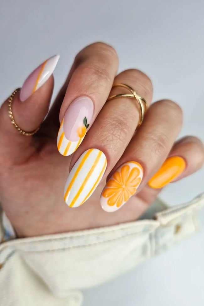 Medium Almond Orange Slice Stripes Medium Almond Orange Slice Stripes — Fruit Nails 2027