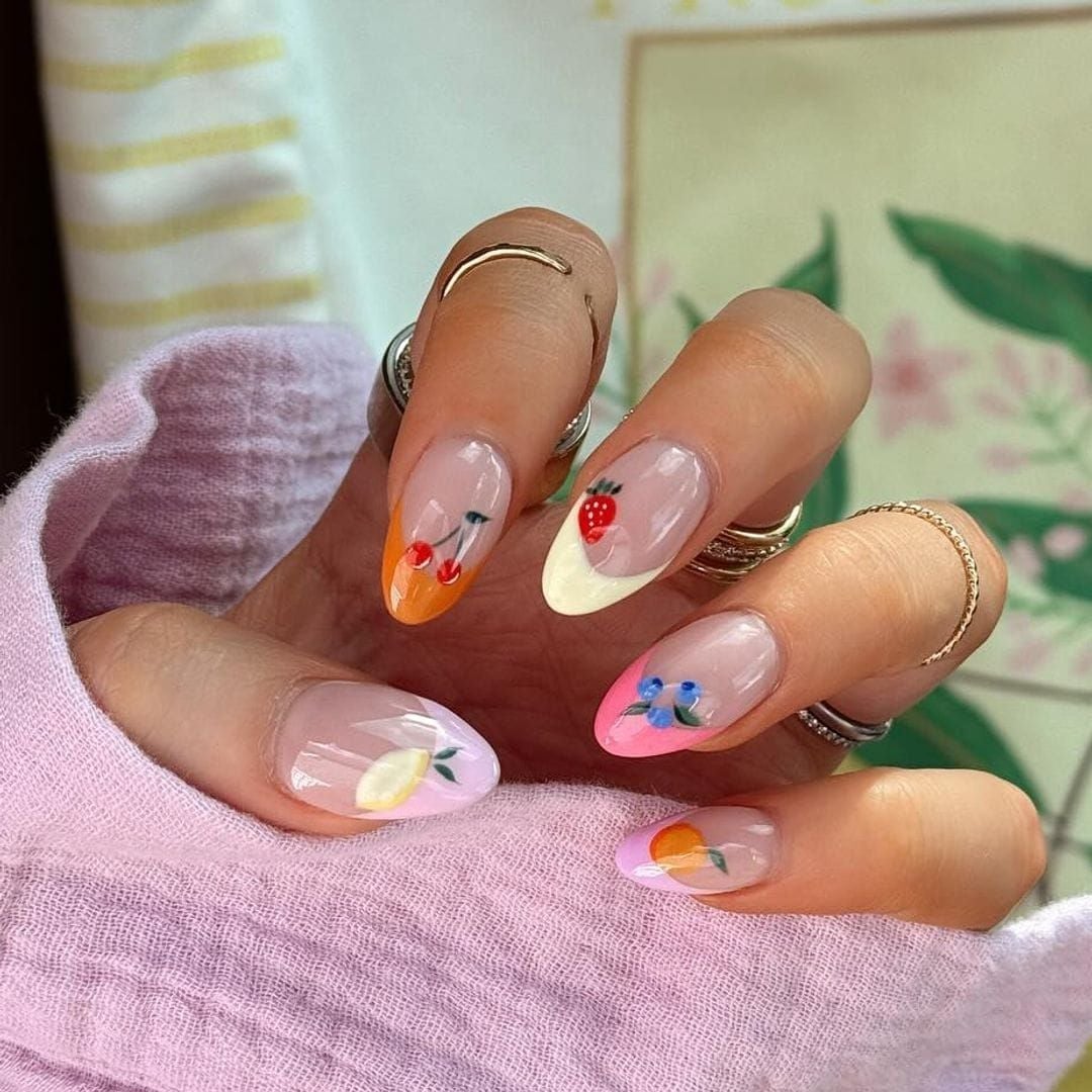 Medium Almond Fruit French Tips Stripes Medium Almond Fruit French Tips Stripes — Fruit Nails 2027