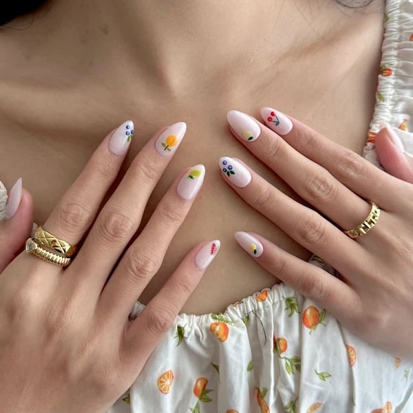 Medium Almond Tiny Fruit Illustrations, White Base Medium Almond Tiny Fruit Illustrations, White Base — Fruit Nails 2027