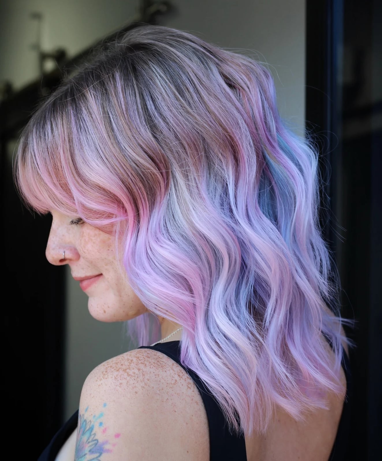 Wavy Lob With Curtain Bangs Pastel Blend Wavy Lob With Curtain Bangs Pastel Blend — Fun Hair Color Pastel 2027