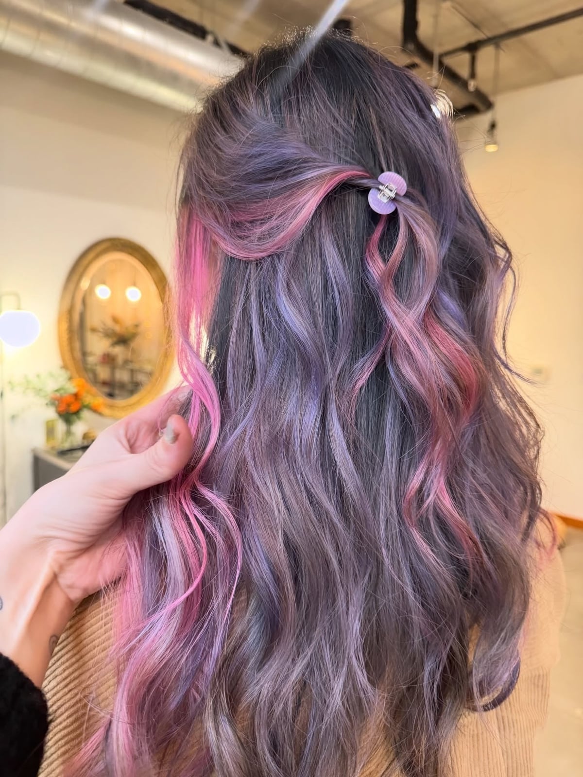 Mid-Back With Pastel Pink And Lavender Streaks Mid-Back With Pastel Pink And Lavender Streaks — Fun Hair Color Pastel 2027