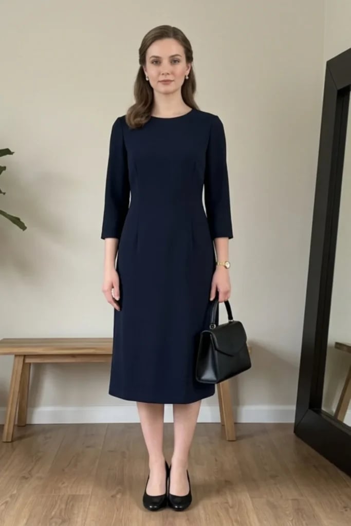 Navy Blue Midi Dress with Straight Silhouette Navy Blue Midi Dress with Straight Silhouette — Funeral Dresses 2027