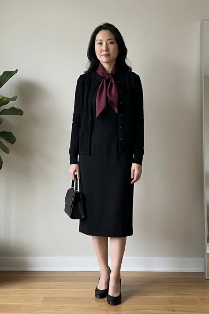 Black Midi Dress with Burgundy Scarf Black Midi Dress with Burgundy Scarf — Funeral Dresses 2027