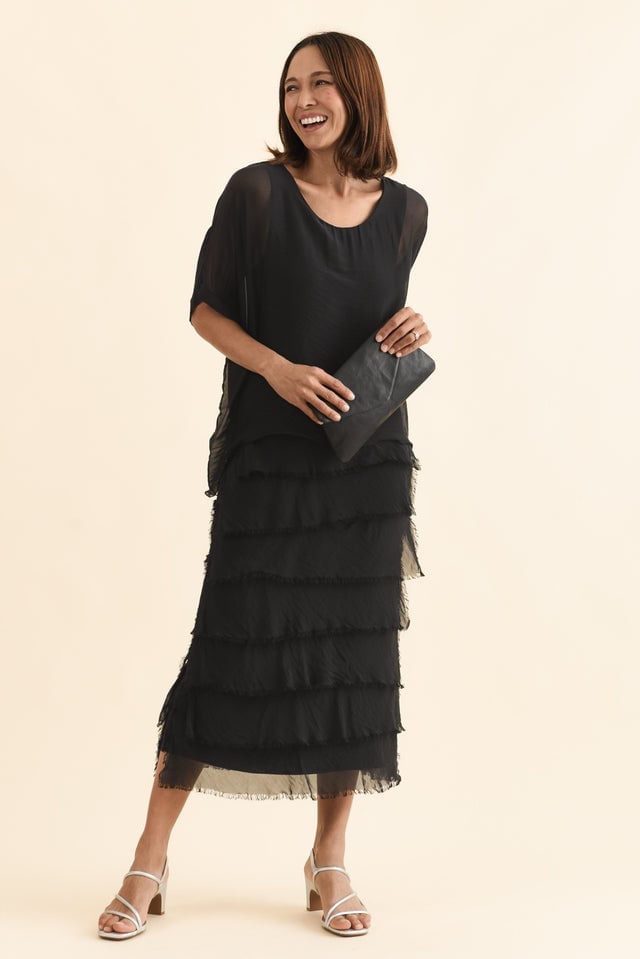 Black Tiered Midi Dress with Ruffled Skirt Black Tiered Midi Dress with Ruffled Skirt — Funeral Dresses 2027