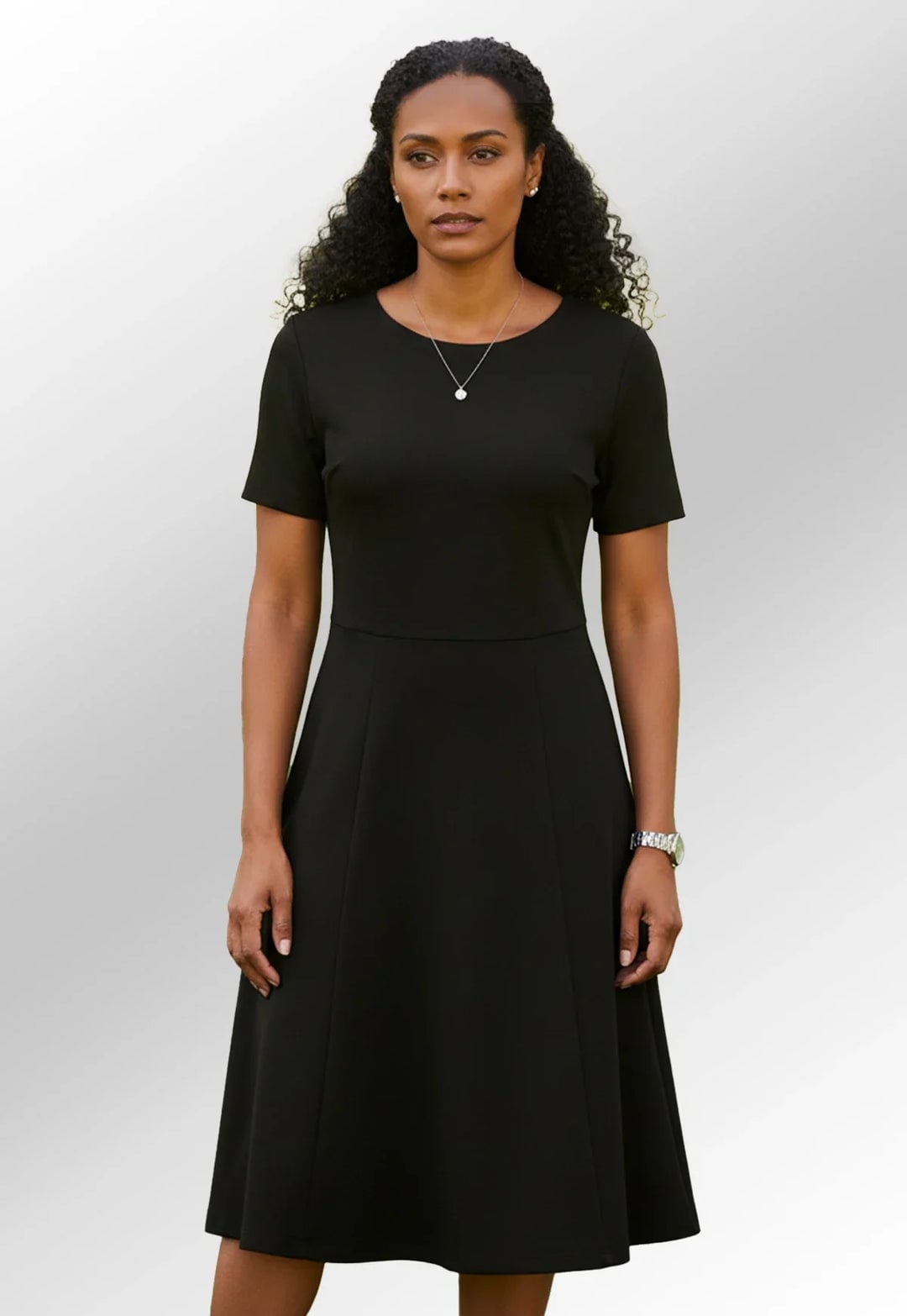 Black Crepe Fit-and-Flare Midi Dress, Silver Pendant Necklace Black Crepe Fit-and-Flare Midi Dress, Silver Pendant Necklace — Funeral Dresses 2027