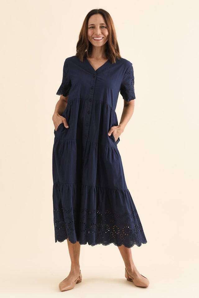 Navy Blue Tiered Midi Dress with Eyelet Trim Navy Blue Tiered Midi Dress with Eyelet Trim — Funeral Dresses 2027