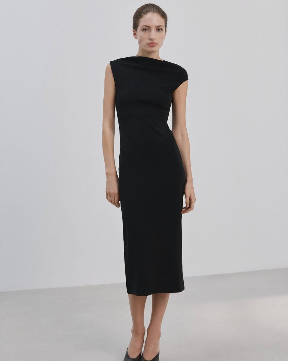 Black Crepe Sheath Dress with Asymmetrical Neckline Black Crepe Sheath Dress with Asymmetrical Neckline — Funeral Dresses 2027