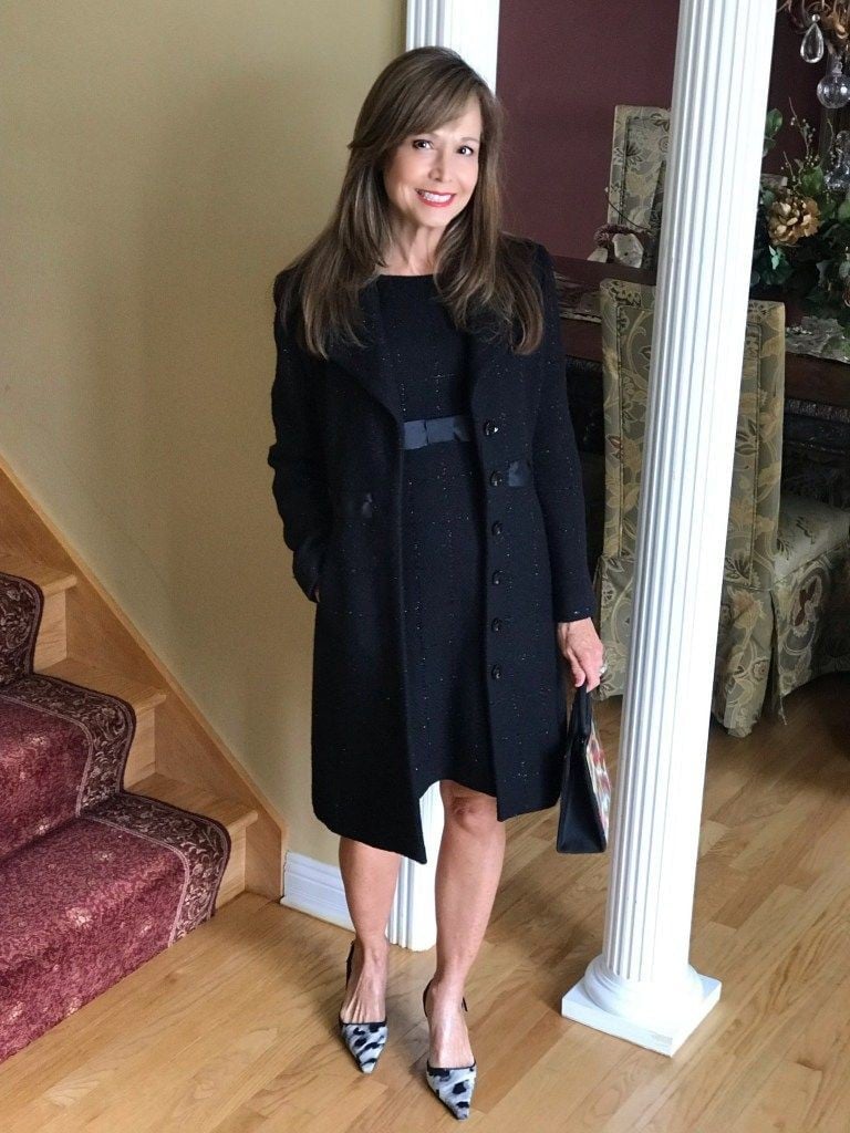 Black Coat Over Sparkly Knee-Length Dress Black Coat Over Sparkly Knee-Length Dress — Funeral Dresses 2027