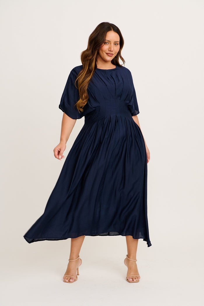 Navy Blue Midi Dress with Pleated Bodice Navy Blue Midi Dress with Pleated Bodice — Funeral Dresses 2027
